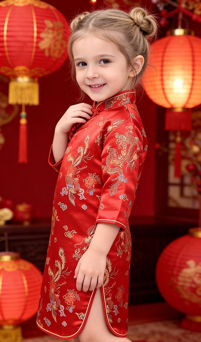 SZCQ Chinese Girls Dress Phoenix Qipao Half Sleeve Cheongsam Baby Girls Dresses Princess Birthday Party Costume (Dragon,6) - Image 3